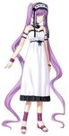  absurdly_long_hair dress fate/hollow_ataraxia fate_(series) full_body highres long_hair looking_at_viewer official_art purple_eyes purple_hair solo stheno takeuchi_takashi transparent_background twintails very_long_hair white_dress 