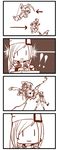  1boy 1girl 4koma absurdres arcade_stick comic controller dodging failure game_controller gameplay_mechanics guilty_gear guilty_gear_xrd highres joystick millia_rage monochrome nontan_(nontanexx) silent_comic sol_badguy |_| 