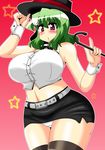  akasode_(tyaramu) bare_shoulders blush breasts cane commentary_request cosplay green_hair hat highres huge_breasts kazami_yuuka looking_at_viewer microskirt midriff open_mouth panties pantyshot pantyshot_(standing) pencil_skirt red_eyes short_hair skirt solo standing super_sonico super_sonico_(cosplay) thighhighs top_hat touhou underwear wrist_cuffs 