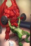  abs balls biceps claws dinosaur erection fangs justmegabenewell male male/male muscles nipple_piercing nipples nude open_mouth pecs penis piercing red_skin sweat uncut vein weightlifting 