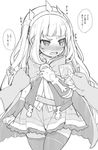  blush cagliostro_(granblue_fantasy) cape condom_wrapper crown embarrassed fingerless_gloves gloves granblue_fantasy greyscale itou_life long_hair looking_away monochrome open_mouth skirt solo_focus thighhighs translation_request wrist_cuffs zettai_ryouiki 