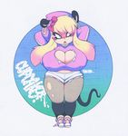  2015 anthro big_breasts blonde_hair blush bow breasts cleavage clothing copyright_request female furry gradient gradient_background hair heart_cutout hood hoodie huge_breasts mammal mouse rodent sfjr shorts simple_background slit_pupils smutbunny solo thick_thighs tiffy_cheesecake wide_hips 