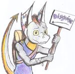  4_horns anthro backpack brown_hair disguise dragon grey_scales hair scalie sign tohgjen tohgjen(character) traditional_media_(artwork) 