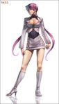  boots breasts cleavage cleavage_cutout dark_skin earrings eirashard full_body hair_over_eyes high_heel_boots high_heels jewelry knee_boots large_breasts leotard lips long_hair miniskirt nose orochi_shermie purple_hair shermie skirt solo split_ponytail standing the_king_of_fighters white_footwear 