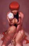  artist_name boots breasts character_name cleavage cleavage_cutout cropped_jacket earrings flower hair_over_eyes happy_birthday highres jewelry large_breasts leotard lips long_hair nail_polish nose outstretched_arm red_hair rose shermie sitting solo spade-m the_king_of_fighters 