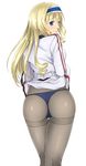  1girl ass blonde_hair blue_eyes blush breasts cecilia_alcott drill_hair from_behind hairband infinite_stratos long_hair looking_at_viewer looking_back panties panties_under_pantyhose pantyhose school_uniform simple_background skirt skirt_hold skirt_lift smile solo takatora thong underwear 