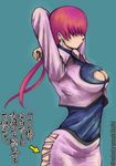  breasts cleavage cleavage_cutout cropped_jacket directional_arrow hair_over_eyes highres large_breasts leotard long_hair mimiyama_kiichi miniskirt red_hair shermie skindentation skirt solo split_ponytail the_king_of_fighters translation_request 