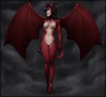  black_hair breasts chain demon female hair horn navel nipples nude pose pussy red_skin simple_background solo succubus wickedj wings 