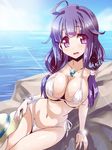  bikini hat kantai_collection long_hair low_twintails miuku_(marine_sapphire) purple_eyes purple_hair red_eyes rock swimsuit taigei_(kantai_collection) twintails 