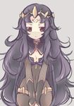  bodystocking breasts circlet cleavage detached_collar facial_mark fire_emblem fire_emblem_if forehead_mark long_hair messy_hair nyx_(fire_emblem_if) purple_hair red_eyes small_breasts solo teu_(navy) veil very_long_hair 