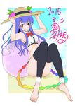  adapted_costume adjusting_clothes adjusting_hat alternate_costume armpits arms_up ayakase_riberi barefoot beach black_legwear blue_hair bow bowtie food fruit hands_on_headwear hat hinanawi_tenshi long_hair looking_at_viewer peach rainbow_order red_bow red_eyes red_neckwear sitting sleeveless smile solo summer thighhighs toeless_legwear touhou 
