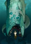  artist_name brown_hair demizu_posuka fish long_hair monster open_mouth original sharp_teeth solo teeth underwater upside-down 