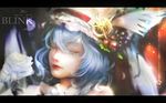  bat_wings blue_hair closed_eyes commentary dust english eyebrows eyelashes face feathers flower food fruit gold hat hat_ornament letterboxed light_particles lips lipstick makeup md5_mismatch michihana mob_cap nose red_lips red_lipstick remilia_scarlet rose short_hair sleeping solo star sunlight touhou white_flower white_rose window wings 