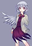  bow bowtie grey_hair jacket kishin_sagume long_sleeves looking_at_viewer open_mouth red_eyes short_hair simple_background single_wing skirt solo touhou uranaishi_(miraura) wings 