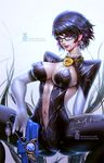  1girl bayonetta bayonetta_(character) bayonetta_2 black_hair blue_eyes bodysuit breasts center_opening cleavage earrings female gradient gradient_background gun jewelry large_breasts lipstick looking_at_viewer makeup mole mole_under_mouth navel parted_lips paul_kwon short_hair solo squatting weapon zeronis 