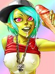 baseball_cap big_penis breasts cum cum_on_face female goblin green_hair green_skin hair hat humanoid looking_at_viewer male male/female necklace penis pernalonga pink_eyes pointy_ears solo_focus 