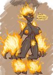  big_breasts black_skin breasts claws digitigrade elemental english_text erect_nipples female fire horn humanoid hybrid macro nipples not_furry nude pointy_ears red_eyes solo standing text thetenk 