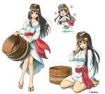  adjusting_hair aoshima_megu black_hair breasts brown_eyes bucket clam diving_mask diving_mask_on_head dress feet full_body hair_ornament hamaguchi_yoshihiro long_hair mascot medium_breasts multiple_views sandals sash seiza sidelocks sitting waraji 