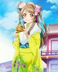  artist_request blush braids brown_hair flower japanese_clothes kimono long_hair love_live!_school_idol_project minami_kotori ribbon side_ponytail side_tail sky smile yellow_eyes 
