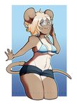  2015 anthro blonde_hair bra breasts brown_fur buckteeth claws cleavage clothed clothing eyewear female fur glasses grey_eyes hair looking_at_viewer mammal mouse pink_nose redrabbu rodent short_hair shorts side_boob smile solo standing under_boob underwear white_fur wide_hips 