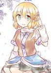 blonde_hair flower green_eyes hair_flower hair_ornament looking_at_viewer mizuhashi_parsee open_mouth petals pointy_ears puchimirin sitting solo touhou 