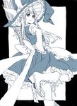  apron boots braid broom dress hat jpeg_artifacts kirisame_marisa long_hair monochrome nobita smile solo touhou traditional_media witch_hat 