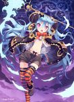  ange_vierge arms_up bikini_top blue_hair boots coat glowing highres kankurou long_hair magic magic_circle navel open_mouth original purple_eyes shorts solo sparkling_eyes staff striped striped_legwear thighhighs unbuttoned very_long_hair weapon wind wind_lift 