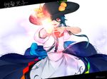  apron black_hat blouse blue_bow blue_dress blue_hair bow bowtie buttons character_name dress dress_shirt food frills fruit hat hinanawi_tenshi kurono_yuu leaf long_hair neck_ribbon open_mouth peach puffy_short_sleeves puffy_sleeves rainbow_order red_bow red_eyes ribbon shirt short_sleeves smile solo sword_of_hisou touhou white_blouse white_shirt wing_collar 