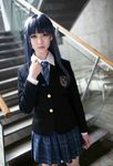  1girl blue_hair cosplay green_eyes japanese panty_&amp;_stocking_with_garterbelt photo school school_uniform schoolgirl solo stocking_(psg) 