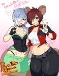  &gt;:) agawa_ryou amemiya_tamayo animal_ears artist_name bandaged_hands bandages bare_shoulders belt black_pants borrowed_character breasts brown_eyes brown_hair character_request choker cleavage commentary_request corset facial_hair fingerless_gloves gloves green_eyes green_pants hair_over_one_eye heart jacket lips lipstick makeup medium_breasts midriff mouse_ears mouse_girl mouse_tail mouth_hold multicolored_hair multiple_girls mustache navel original pants parted_lips short_hair smile tail two-tone_hair v v-shaped_eyebrows watermark web_address 