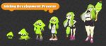  1girl artist_request cleavage green_eyes green_hair high_heels inkling looking_at_viewer pointy_ears simple_background splatoon squid 