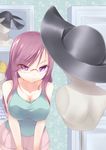  :&lt; breast_squeeze breasts cleavage closed_mouth collarbone covered_nipples glasses hat josephine_(twin_tail_rabbit) large_breasts leaning_forward mannequin original purple_eyes purple_hair rimless_eyewear shorts solo v-shaped_eyebrows 