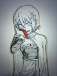  aebj angry blood bloody_nose cape fortissimo fortissimo_hair_ornament hair_ornament hairclip mahou_shoujo_madoka_magica miki_sayaka monochrome short_hair sketch spot_color traditional_media 