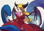  bad_id bad_pixiv_id blonde_hair dress elbow_gloves fan gloves horns ineshumi lilith_(p&amp;d) long_hair looking_at_viewer monster monster_girl puzzle_&amp;_dragons red_dress smile wings 