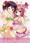  2girls azumi_kazuki bare_shoulders bikini black_hair blush breasts cleavage flower glasses happy jewelry looking_at_viewer love_live!_school_idol_project multiple_girls nishikino_maki purple_eyes red_hair ribbon sandals short_hair side_ponytail side_tail skirt small_breasts smile swimsuit twintails wink yazawa_nico 