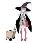  bag blue_hair box full_body hand_truck hat highres long_hair looking_at_viewer masao original purple_eyes purple_legwear simple_background smile solo thighhighs white_background witch witch_hat 