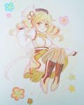  aebj blonde_hair boots crayon_(medium) flower hair_ornament hat long_sleeves mahou_shoujo_madoka_magica skirt thighhighs tomoe_mami traditional_media yellow_eyes 