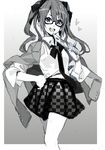  bespectacled blazer cellphone checkered checkered_skirt glasses greyscale heart himekaidou_hatate jacket jpeg_artifacts long_hair monochrome necktie nobita open_mouth phone pointy_ears ribbon skirt smile solo touhou traditional_media twintails 
