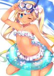  ;p aqua_eyes bikini blonde_hair blush diving_mask diving_mask_on_head flat_chest flower frilled_bikini frills granblue_fantasy hair_flower hair_ornament innertube io_euclase kneeling long_hair looking_at_viewer mokoke navel one_eye_closed smile solo swimsuit tan tongue tongue_out twintails very_long_hair 
