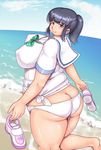 ass beach black_hair blue_eyes blush breasts butt_crack covered_nipples day fat fat_folds highres huge_breasts itou_yukino looking_at_viewer open_eyes orizen panties ponytail puffy_nipples real_drive school_uniform seductive_smile serafuku shoes_removed smile solo thick_thighs thighs underwear white_panties 