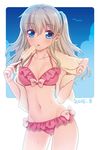  bikini blue_eyes charlotte_(anime) food licking long_hair popsicle silver_hair swimsuit tomori_nao touon towel two_side_up 
