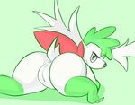  anus butt female green_background half-closed_eyes looking_at_viewer looking_back lying nintendo on_front pcred566 pok&eacute;mon pussy shaymin-sky simple_background smile solo video_games 