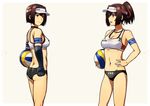  armlet armpits beige_background blush brown_hair hair_ribbon hand_on_hip hyuuga_(kantai_collection) ise_(kantai_collection) kantai_collection kirusu looking_at_another multiple_girls navel ponytail ribbon short_hair short_ponytail simple_background smile sportswear standing swimsuit tank_top visor_cap volleyball volleyball_uniform 