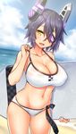  beach bikini blush bodyboard breasts checkered checkered_neckwear cleavage cloud commentary_request day deku_(dekunosu) eyepatch fang headgear highres kantai_collection large_breasts looking_at_viewer navel necktie ocean open_mouth outdoors plump purple_hair short_hair sky smile solo swimsuit tenryuu_(kantai_collection) wet white_bikini yellow_eyes 
