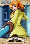 1girl brown_eyes character_name copyright_name jacket nami nami_(one_piece) one_piece orange_hair solo staff weapon 