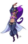  ankle_boots arms_up bad_id bad_tumblr_id baggy_pants bandeau bigdead93 black_eyes blue_eyes boots breasts cleavage cosplay dark_skin earrings eyebrows full_body hat highres hoop_earrings jacket jewelry jojo_no_kimyou_na_bouken kuujou_joutarou kuujou_joutarou_(cosplay) long_hair medium_breasts midriff navel open_clothes open_jacket pants pointy_ears ponytail purple_hair shantae_(character) shantae_(series) smile solo thick_eyebrows very_long_hair 