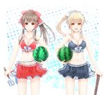  alternate_hairstyle bikini blonde_hair bow braid breasts brown_hair cleavage collarbone food fruit hair_bow hair_tubes hakurei_reimu kirisame_marisa looking_at_viewer medium_breasts multiple_girls navel ponytail red_eyes simple_background single_braid siyusiyu13 swimsuit touhou watermelon yellow_eyes 