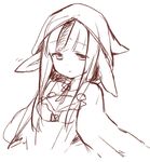  animal_ears bad_id bad_pixiv_id breasts cleavage cloak fire_emblem fire_emblem_if hood hooded_cloak long_hair monochrome open_mouth red simple_background sketch small_breasts solo teu_(navy) upper_body velour_(fire_emblem_if) white_background wolf_ears 
