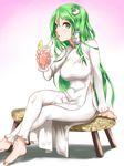  barefoot breasts commentary_request drinking drinking_straw food frog_hair_ornament fruit green_eyes green_hair hair_ornament hair_tubes highres kochiya_sanae kuranosuke large_breasts lemon long_hair looking_at_viewer pants snake_hair_ornament solo touhou vietnamese_dress 
