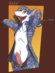  2015 anthro assault_rifle blue_fur camo chazcatrix clothed clothing erection fur gloves gun half-dressed holding_weapon jacket male murrkus open_mouth pants penis ranged_weapon rifle sergal simple_background smile solo tongue tongue_out weapon white_fur 